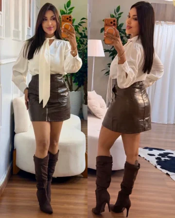 saia couro marrom feminina com ziper frontal