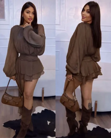 vestido marrom chiffon luxo com shortinho interno e manga longa