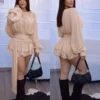 vestido marrom chiffon luxo com shortinho interno e manga longa