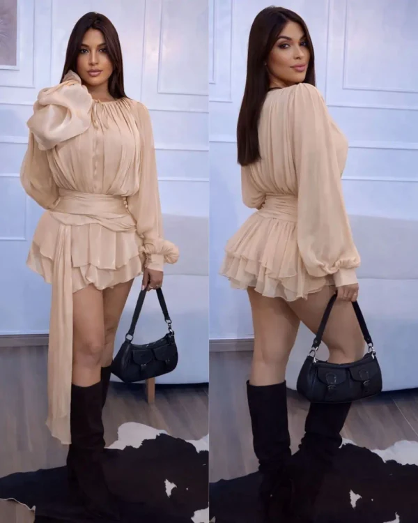 vestido marrom chiffon luxo com shortinho interno e manga longa