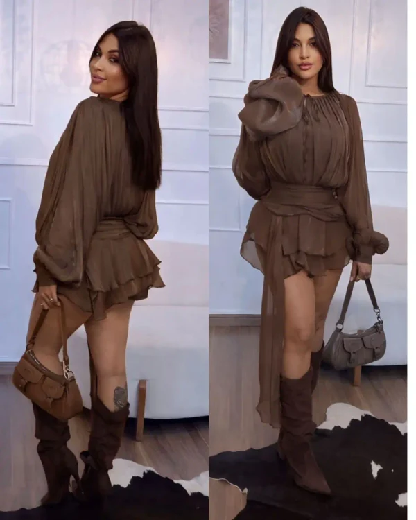 vestido marrom chiffon luxo com shortinho interno e manga longa