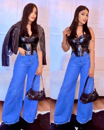 calça flare jeans cós alto feminina