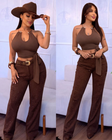 calça flare marrom com brilho elegante feminina
