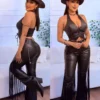 calça couro flare com franjas feminina preta