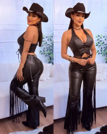 calça couro flare com franjas feminina preta
