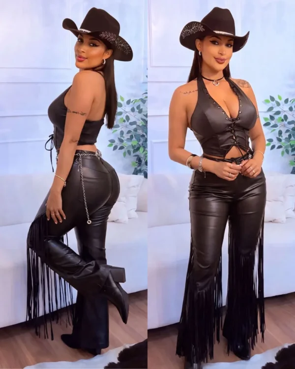 calça couro flare com franjas feminina preta