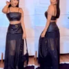 conjunto couro eco saia tule preto feminino