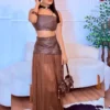 conjunto couro eco saia tule preto feminino