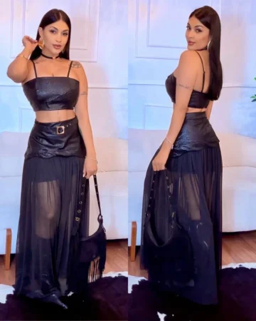 conjunto couro eco saia tule preto feminino