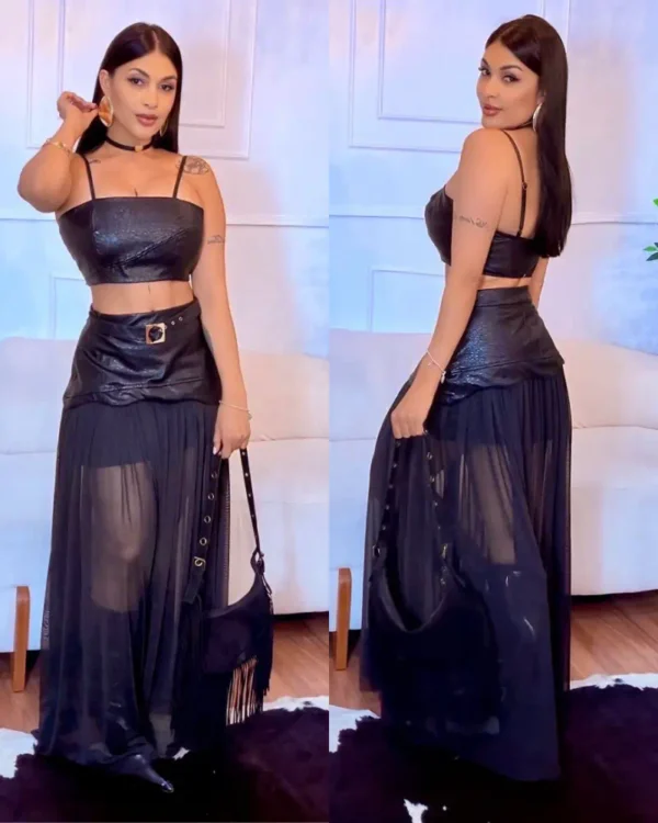 conjunto couro eco saia tule preto feminino