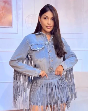 jaqueta jeans franjas feminina western