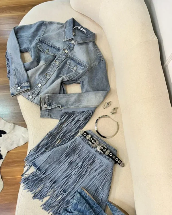 jaqueta+saia saia jaqueta jeans franjas