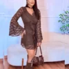 vestido curto de renda marrom feminino elegante manga flare