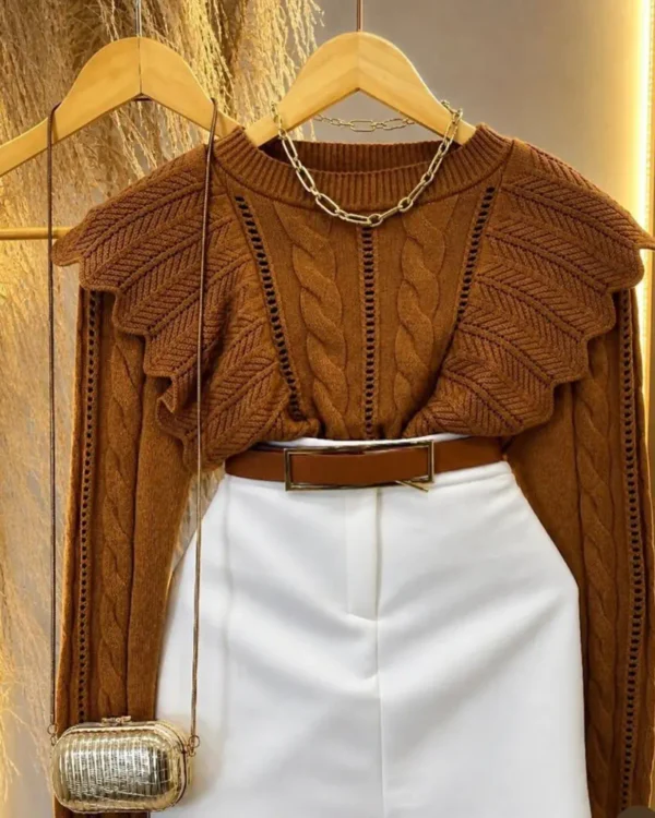 Blusa Tricô Babado feminina marrom tamanho único