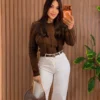 Blusa Tricô Babado feminina marrom tamanho único