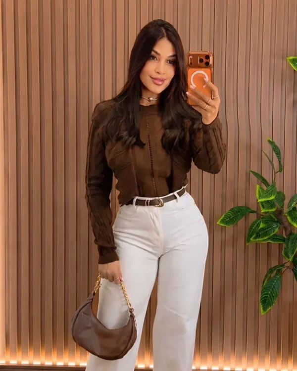 Blusa Tricô Babado feminina marrom tamanho único