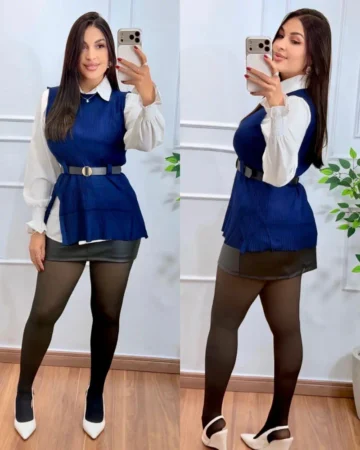 Camisa com Colete Feminino Tricô Azul Marinho