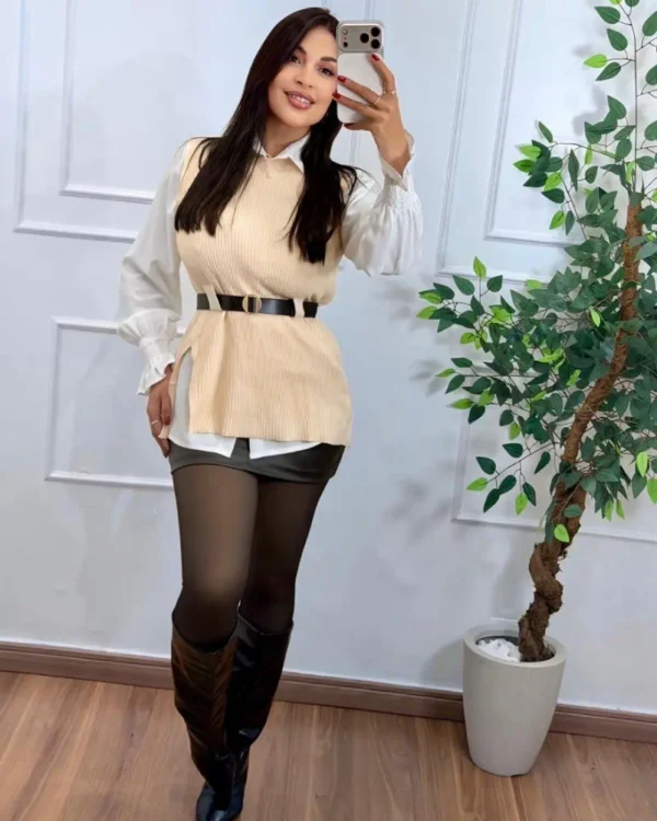 Camisa com Colete Feminino Tricô Azul Marinho