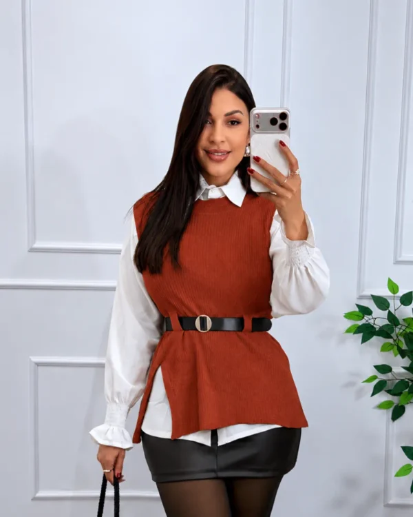 Camisa com Colete Feminino Tricô Azul Marinho