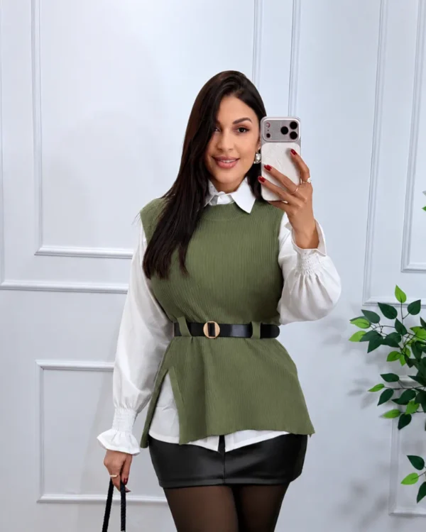 Camisa com Colete Feminino Tricô Azul Marinho