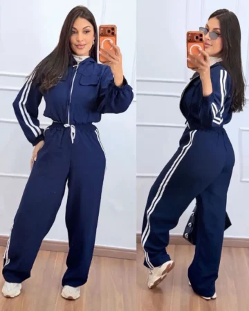 conjunto esportivo feminino azul com listra lateral