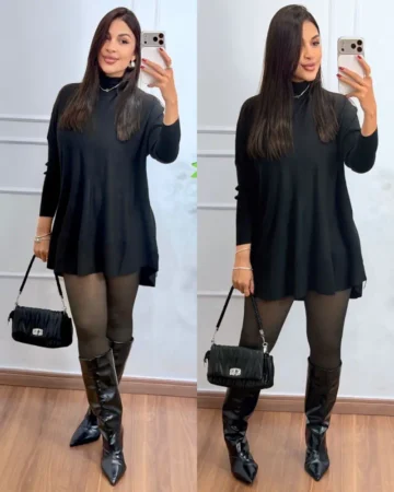 Poncho Tricô Gola Alta Preto