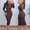 Vestido Modal Midi feminino marrom canelado com elastano