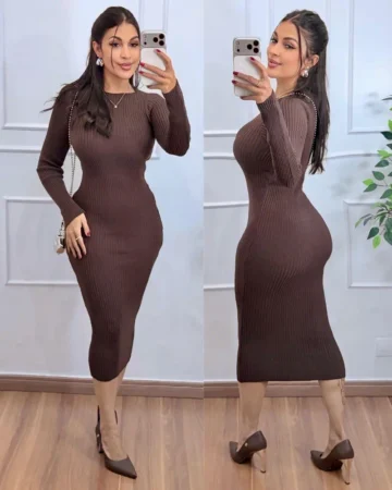 Vestido Modal Midi feminino marrom canelado com elastano