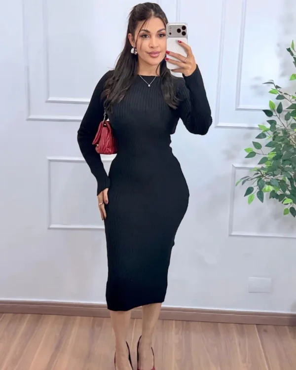 Vestido Modal Midi feminino marrom canelado com elastano