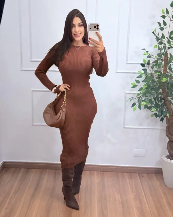 Vestido Modal Midi feminino marrom canelado com elastano